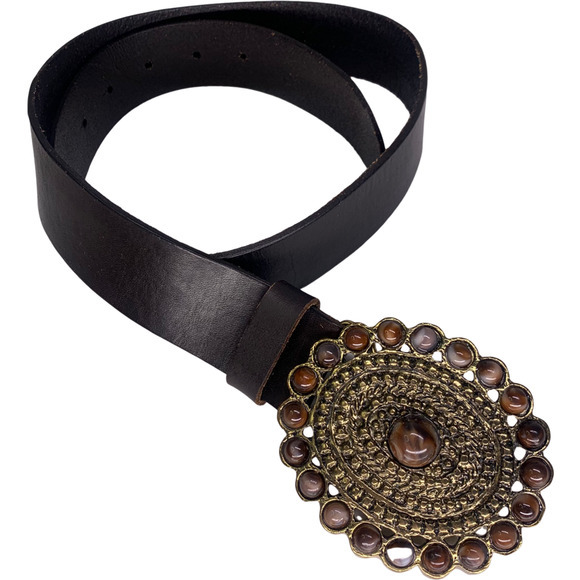 Dark Brown Genuine Leather Beaded Medallion Buckle Leather‎ Belt - Picture 2 of 9
